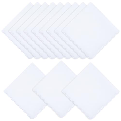 12 Pcs White Cotton Handkerchiefs for Women 11.8"x11.8" Pocket Hankies Scalloped Square Towel for Wedding Party Gift Favor