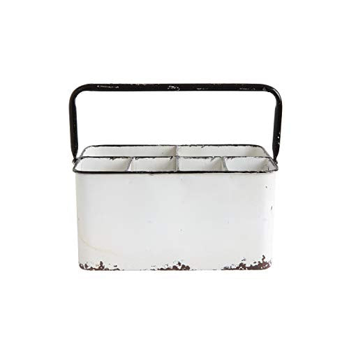 Creative Co-Op Metal Caddy with 6 Compartments, Handle, and Distressed Enamel Finish, White and Black - color: White and Black