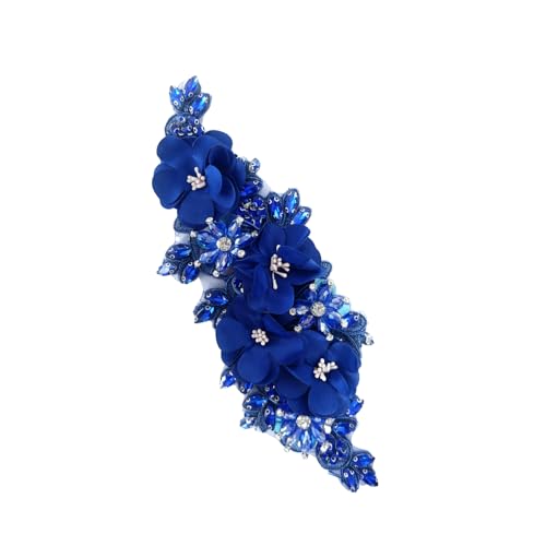 Handmade 3D Flower Embroidery Applique Rhinestone Lace Patches, Royal Blue - color: Royal Blue