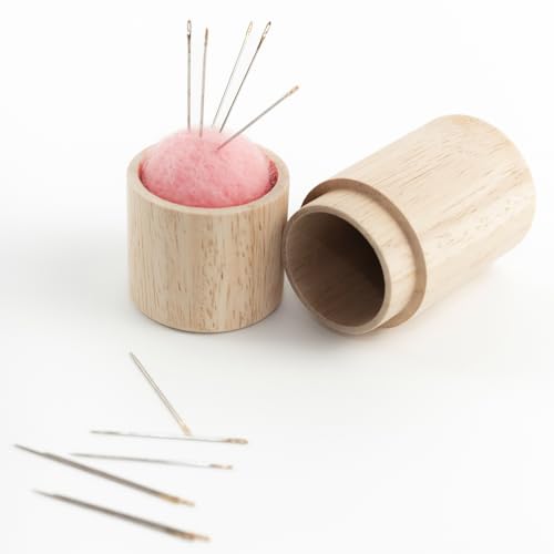 Yucenora Wooden Sewing Needle Case, Portable Sewing Needles Storage Box with Needle Cushion Inside, with 12 Needles for Home and Travel Needlework(Pink)