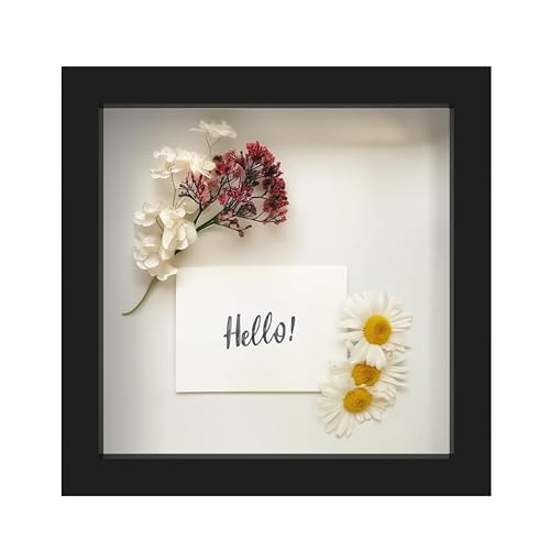 FrameWorks 8” x 8” Black Wooden Shadow Box Frame – Display Case with Soft Felt Back, Memory Box with Tempered Glass, Display Box with Elegant White Ball Push Pins, Wooden Flower Box - color: Black, size: 8"x8"