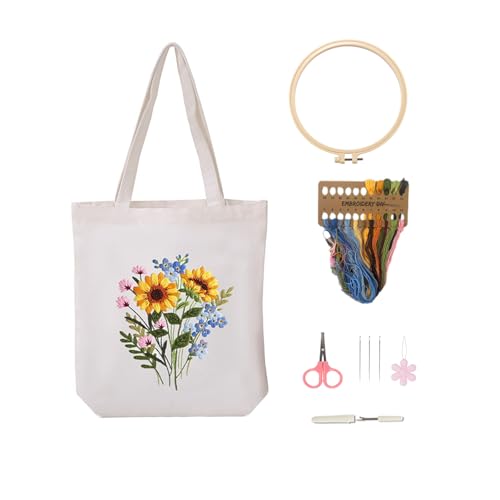 Vigdit Canvas Tote Bag Embroidery Kit for Beginners, Needlepoint Cross Stitch Kit for Adult Beginner, DIY Reusable Grocery Bags Embroidery Starter Kit with Stamped Floral Tools & Instructions - color: Flower3