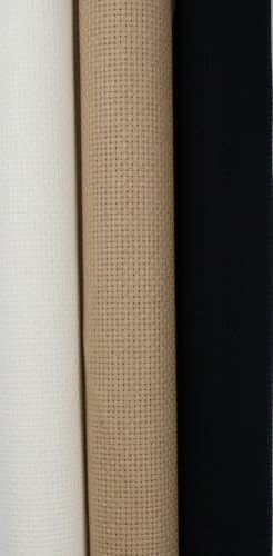 KCS 3 pc of 15" x 18"(38cmx45cm) 14 Count Cross Stitch Cotton Aida Cloth Needlework Rolled Fabric Box,14CT,Antique White+Khaki+Black - color: Antique White+khaki+black, size: 14CT