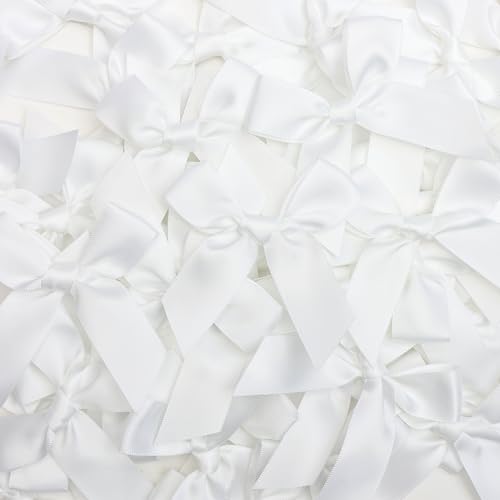 Self Adhesive White Satin Ribbon Bows for Crafts 3" (50 Pack) - color: White