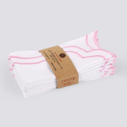 NATURALCRAFT Scalloped Cloth Napkins 18x18 in - White Edges Blush Pink - color: White Napkin With Blush Pink Edges, size: 18" x 18" (Set of 6)