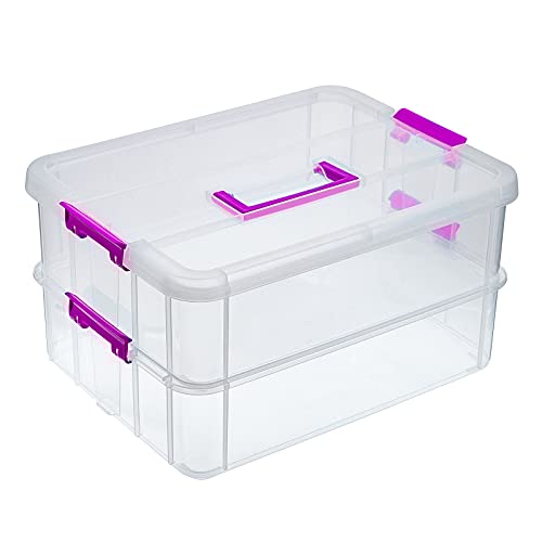 BTSKY 2 Layer Stack & Carry Box, Plastic Storage Container Box with Lid - color: Purple