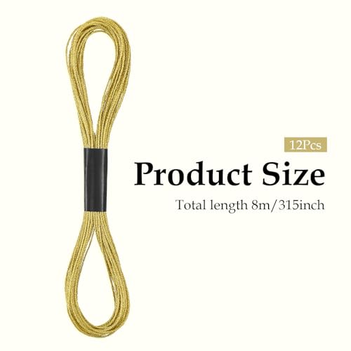 12 Skeins Metallic Embroidery Floss, 8m Each Metallic Gold Embroidery Thread for Cross Stitch, Friendship Bracelets, Sewing, Yarn Crafts & String Art Supplies (Gold)