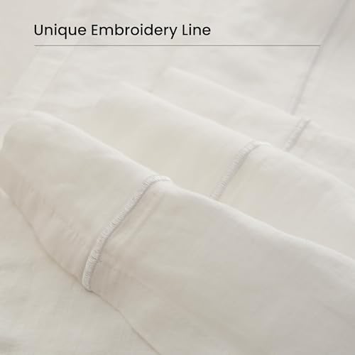 100% French Linen Pillowcases with Embroidery - Pack of 2 - Washed Solid Color Natural Flax Soft Breathable - White, 20'' x 30'' - color: White, size: 20''x30'' - Embroidery