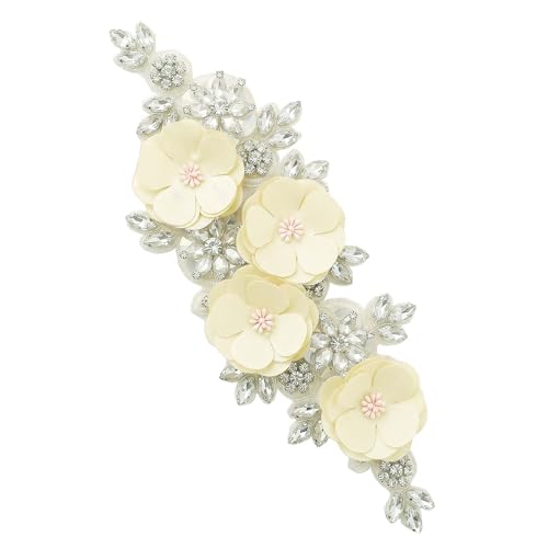 Handmade 3D Flower Embroidery Applique Rhinestone Lace Patches, Beige, 1 PC - color: Beige