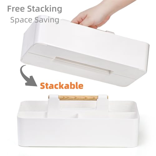 Acshio 2 Pack Plastic Portable Caddy with Handle, Stackable Art Office Supplies Storage Organizer with 5 Compartments, Multiuse Divided Craft Basket Bin Stationery Pen Holder for Home, Shower