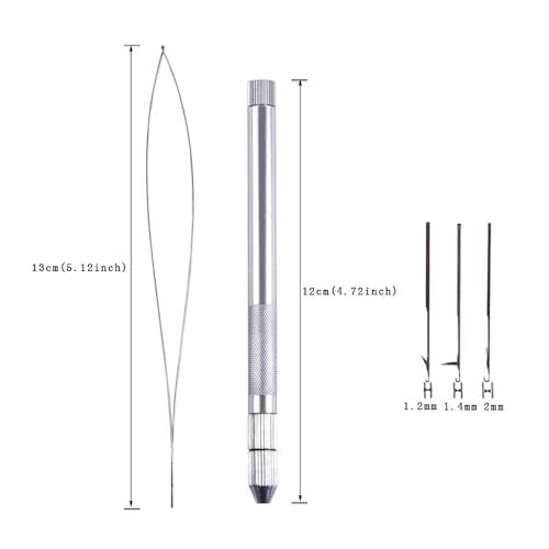 Hair Extension Tools 3 Different Size Knitting Hook Needles+ 1 Holder +1 Pulling Needle Loop Threader Aluminum Ventilating Holder and Needles Kit (Silver)