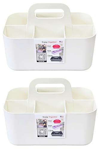 2 Pack Small 6 Compartment Multiuse Caddy Organizer with Handle Art Craft Supplies, Office, Desk, Stationery Pen Holder Stackable- Made In USA (Ivory) - color: Ivory