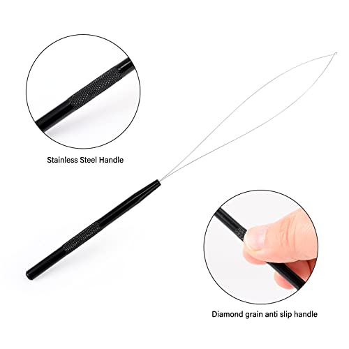 Gomake Hair Extensions Closed and Remover Pliers set, Micro Silicone Rings Beads Hair Extensions Loop Needle Threader Pulling Hook Tool and Bead Device Tool for Hair or Feather Extensions (Black) - color: Black