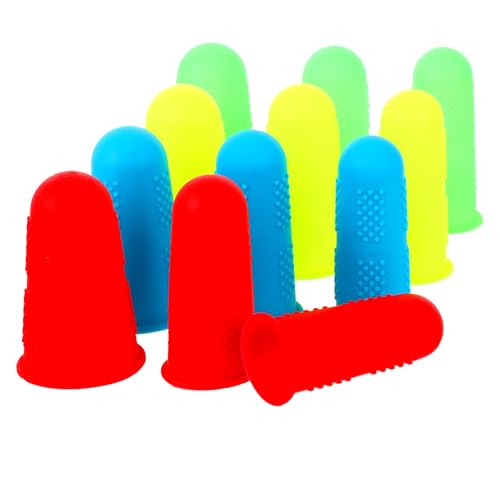 12 PCS Silicone Finger Protectors Covers, 3 Sizes Rubber Finger Tips Office Thumb Guard Sleeves Fingers Thimbles Cots for Hand Sewing Hot Glue Embroidery Cutting Ironing (Yellow Red Blue Green)