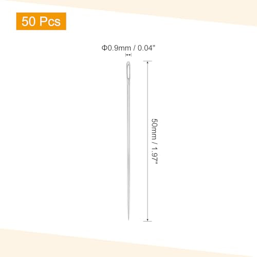 uxcell 50 Pcs Large Eye Sewing Needles, 1.97 Inch 0.9mm High Carbon Iron Embroidery Thread Needle Sewing Big Eye Needle Knitting Needles for Hand Sewing Art Crafts, Silver - size: 50mm, 0.9mm