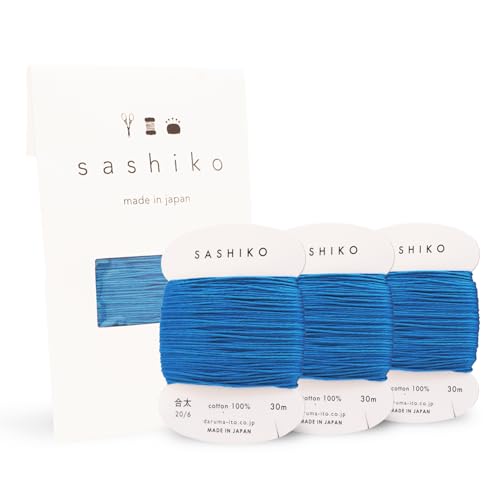 DARUMA Sashiko Thread Card Rolls Set of 3 (32.8 Yards x3) - Sewing & Embroidery, Includes Instruction Manual and Gift Packaging (Thick, Blue) - color: Blue, style: Thick