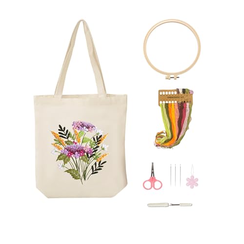 Vigdit Canvas Tote Bag Embroidery Kit for Beginners, Needlepoint Cross Stitch Kit for Adult Beginner, DIY Reusable Grocery Bags Embroidery Starter Kit with Stamped Floral Tools & Instructions - color: Flower1