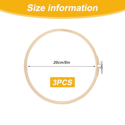 shuielai 3 Pieces 8 Inch Bamboo Embroidery Hoops, Circle Cross Stitch Hoop Ring Set for Embroidery Craft Projects