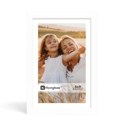 Hongkee 6x9 Picture Frame, 6 x 9 Solid Wood Frame with Real Glass, 5x8 Mat - color: White, size: 6 x 9