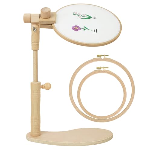 Airo Beech Adjustable Embroidery Hoop Stand,Cross Stitch Stand,Embroidery Hoop Holder,Wood Embroidery Stand with 2pcs Embroidery Hoops (6inch + 8inch), Rotatable, Tool-Free Installation