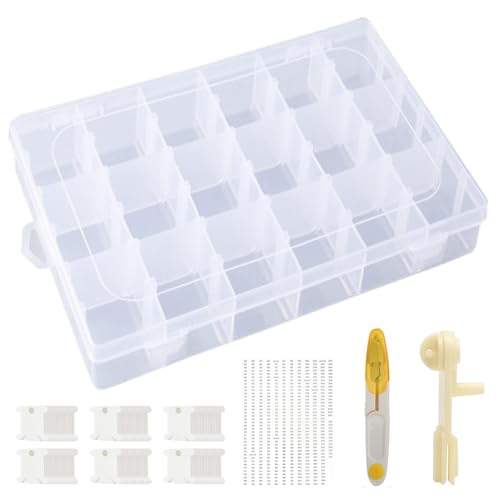 Embroidery Floss Organizer Cross Stitch Thread Storage Box Tools with 120 Pieces Floss Bobbins, Bobbin Winder, Scissor and Colour Stickers,Removable 18 Compartments Big Size Case