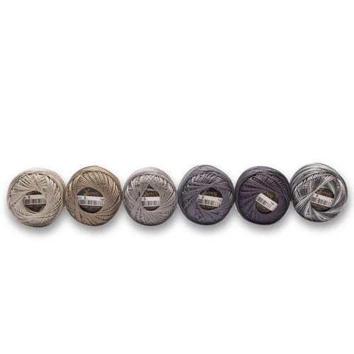 6 Balls Premium Pearl Cotton Embroidery Thread Size 8 | 100% Egyptian Cotton Crochet Yarn | Cross Stitch Embroidery Yarn | Oeko TEX Certified | 10 Grams per Ball (Grey Tones) - color: Grey Tones