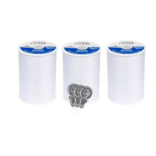 Coats & Clark Dual Duty All Purpose Sewing Thread 230A 400 Yards Each Spool 3 Pack Bundle with Bella's Crafts Needle Threaders (White) - color: White