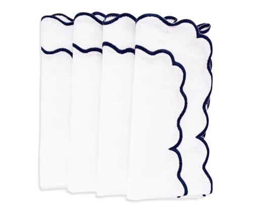 Navy Blue and White Napkins, Embroidered, 100% Cotton, Scalloped Hem Napkin, Set of 4, Blue Dinner Napkins Cloth, Farmhouse, Wedding, Reusable & Washable, 18x18 - color: Navy Blue/White