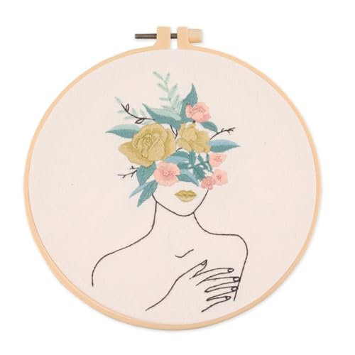 IUHUI Embroidery Kit for Beginners Adults - Fashionable Women Wearing Flowers Easy Patterns, DIY Hand Stitching Embroidery Set with Hoop (Demure Woman) - color: Demure Woman