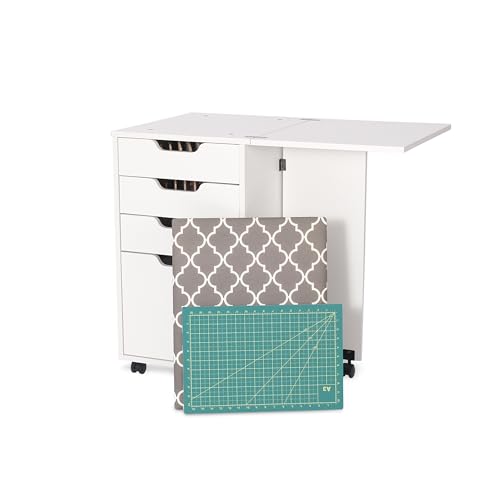 Kangaroo Kiwi Sewing Storage Rolling Caddy and Ironing Station – Mobile Craft Storage Cabinet with Ironing Surface & Shelves - color: Ash White