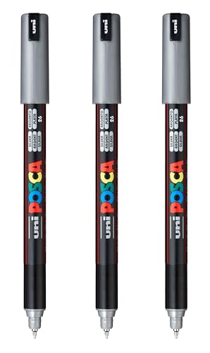 posca PC-1MR Water-Based Paint Markers, Extra Fine Tip (0.7mm), Silver, 3 Count - color: SILVER