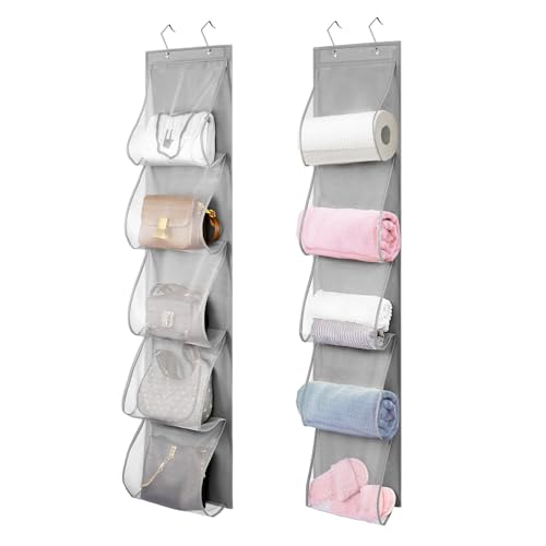 2 Pack Over the Door Hanging Vinyl Organizer Embroidery Stabilizer Holder Purse Storage for Closet Bath Towel Hanger Scarf Container 5 Large Pockets (One Side)