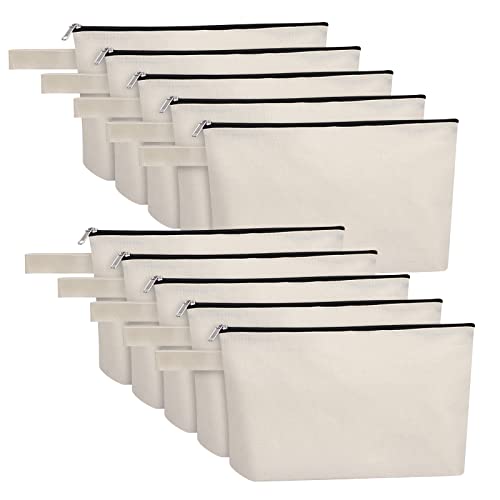 10 Pieces Cotton Canvas Makeup Bag with Bottom, Multi-Purpose Cosmetic Bag with Zipper Travel Toiletry Pouch, Blank DIY Craft Bag Pencil Bag (M, White), MN-WB07 - color: White, size: M