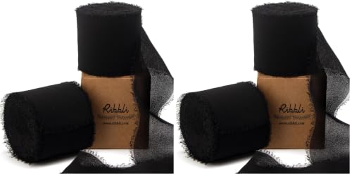 Ribbli Black Chiffon Ribbon 2 Inch x 20 Yard Handmade Fringe Chiffon Silk Ribbon Black Ribbon for Gifts Wrapping, Wedding Invitations, Bridal Bouquets, Flower Arrangement (Pack of 2) - color: Black, size: 2 inches (Pack of 2)