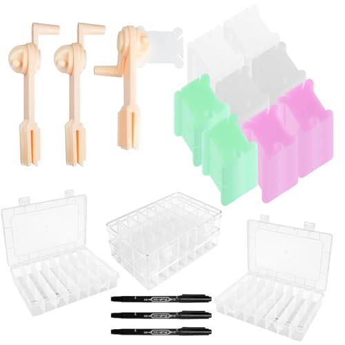 ENIPEDITA 610 Pcs Embroidery Floss Organizer Kit, 4 Removable 24 Grid Thread Storage Boxes, 600 Plastic Bobbins 3 Bobbin Winders, 3 Twin Tip Markers for Craft Storage, DIY Sewing, Cross Stitch