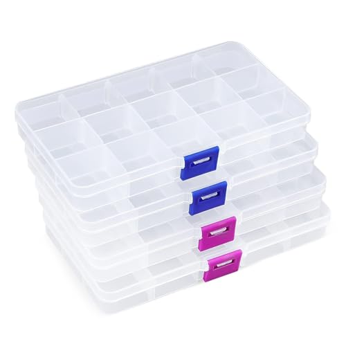 Opret 15 Grids Bead Organizer(4 Pack), Earring Organizer Box, SMALL Plastic Clear Organizing Containers with Adjustable Dividers for Crafts Jewelry Screws Small Items, Size 6.9×3.9×0.9in - color: 4 pcs, transparent