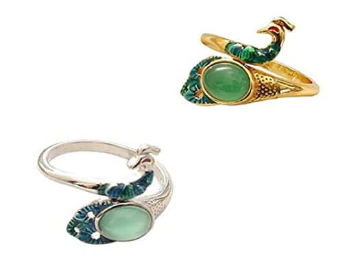 Knitting Loop Crochet Guide Ring Adjustable, Open Finger Rings DIY Leading Tool for Yarn Quilting, Fashionable Peacock Shaped Thimble with Emerald for Mother Grandma (2 Pack, Golden & Silver), bz01