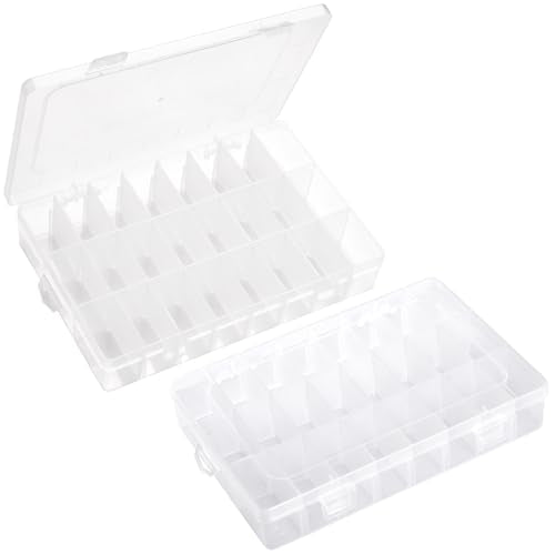 2 Pack 24 Grids Plastic Storage Box Clear Organizing Containers with Adjustable Dividers for Beads, Crafts, Art DIY, Jewelry, Screws, Pins, Thread, Fishing Gear, Small Items