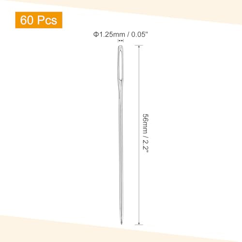 uxcell 60 Pcs Large Eye Sewing Needles, 2.2 Inch 1.25mm High Carbon Iron Embroidery Thread Needle Sewing Blunt Needle Knitting Needles for Hand Sewing Art Crafts, Silver - size: 56mm, 1.25mm