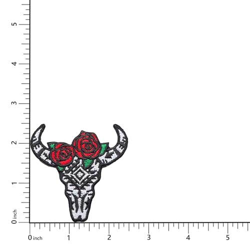Floral Steer Skull Patch, 2.5" x 2.5", Embroidered Iron-On for Hats, Bags, Jackets, 2-Pack - color: Floral Steer Skull