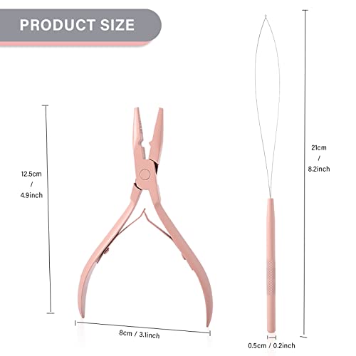 Gomake Hair Extensions Closed and Remover Pliers set, Micro Silicone Rings Beads Hair Extensions Loop Needle Threader Pulling Hook Tool and Bead Device Tool for Hair or Feather Extensions (Pink) - color: Pink