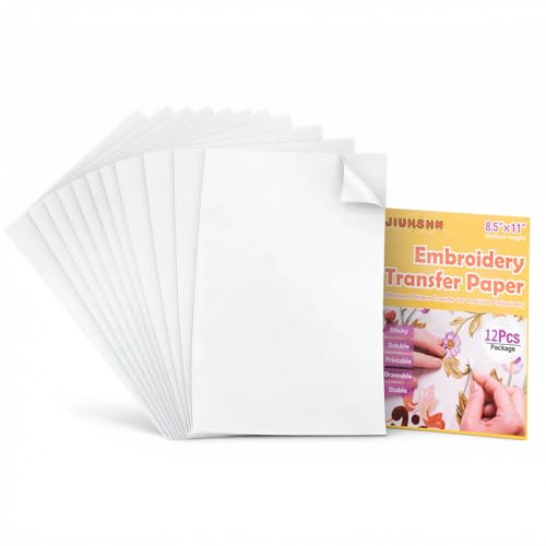 JIUHSHN Water Soluble Embroidery Stabilizer, 12 Sheets 8.5" x 11" Printable Self-Adhesive Stick and Stitch Transfer Paper, Wash-Away Embroidery Paper for Hand & Machine Embroidery