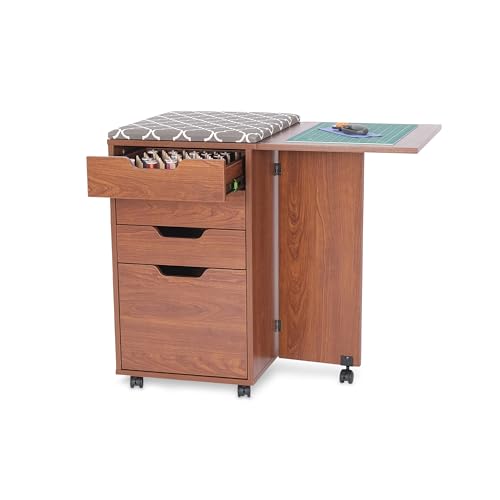 Kangaroo Kiwi Sewing Storage Rolling Caddy and Ironing Station – Mobile Craft Storage Cabinet with Ironing Surface & Shelves - color: Teak