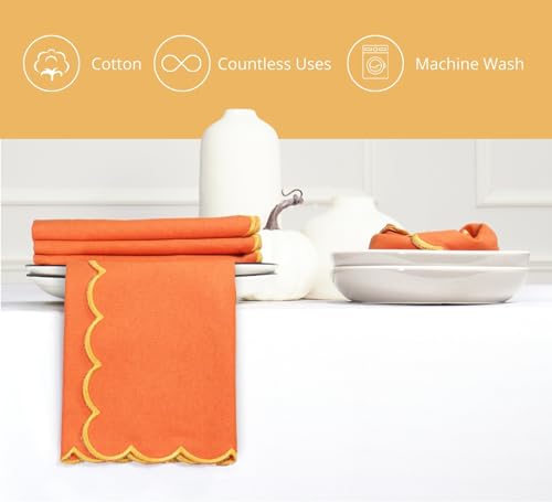 PurpleEssences Scalloped Cloth Napkins 18x18 in - Orange Edge Golden Yellow - color: Orange(edges- Golden Yellow)