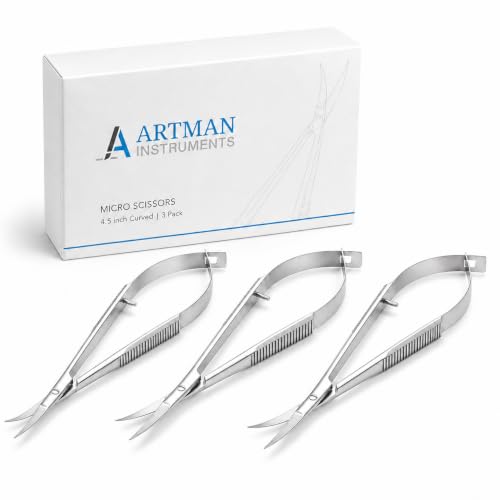 ARTMAN INSTRUMENTS 3-Pack Micro Scissors 4.5" Curved – Castroviejo Stitch Cutting, Embroidery, Spring Action, Extra Sharp Squeeze Scissors for ENT, Eye, Skin, Dental, and Veterinary Surgeons
