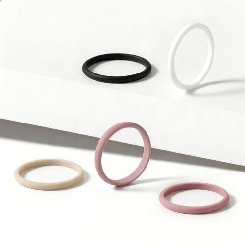 Egnaro Women's Silicone Wedding Ring 2.5mm Wide 1.8mm Thick Rubber Band Set - color: SETC3-Royal Black, Bright Peach, Princess White, Cream Beige, Cloudy Pink