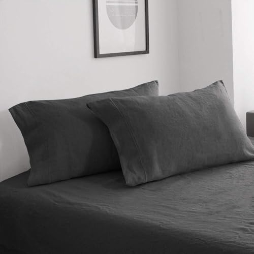 100% French Linen Pillowcases with Embroidery - Pack of 2 - Washed Solid Color Natural Flax Soft Breathable - Dark Grey, 20'' x 30'' - color: Dark Grey, size: 20''x30'' - Embroidery