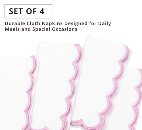 PurpleEssences Scalloped Cloth Napkins 18x18 in - White Edges Blush Pink - color: White(edges- Blush Pink)
