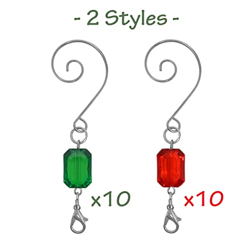Christmas Ornament Hooks Set of 20 Red and Green Acrylic Jewel Hangers, Silver Wire Decorative Scroll S Hooks with Lobster Claws, 3 Inch Holiday Ornament Hangers for Christmas Tree Decorations