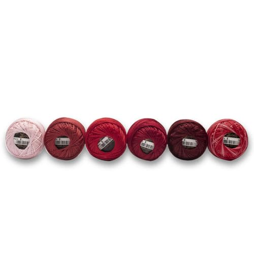 6 Balls Premium Pearl Cotton Embroidery Thread Size 8 | 100% Egyptian Cotton Crochet Yarn | Cross Stitch Embroidery Yarn | Oeko TEX Certified | 10 Grams per Ball (Red Tones) - color: Red Tones